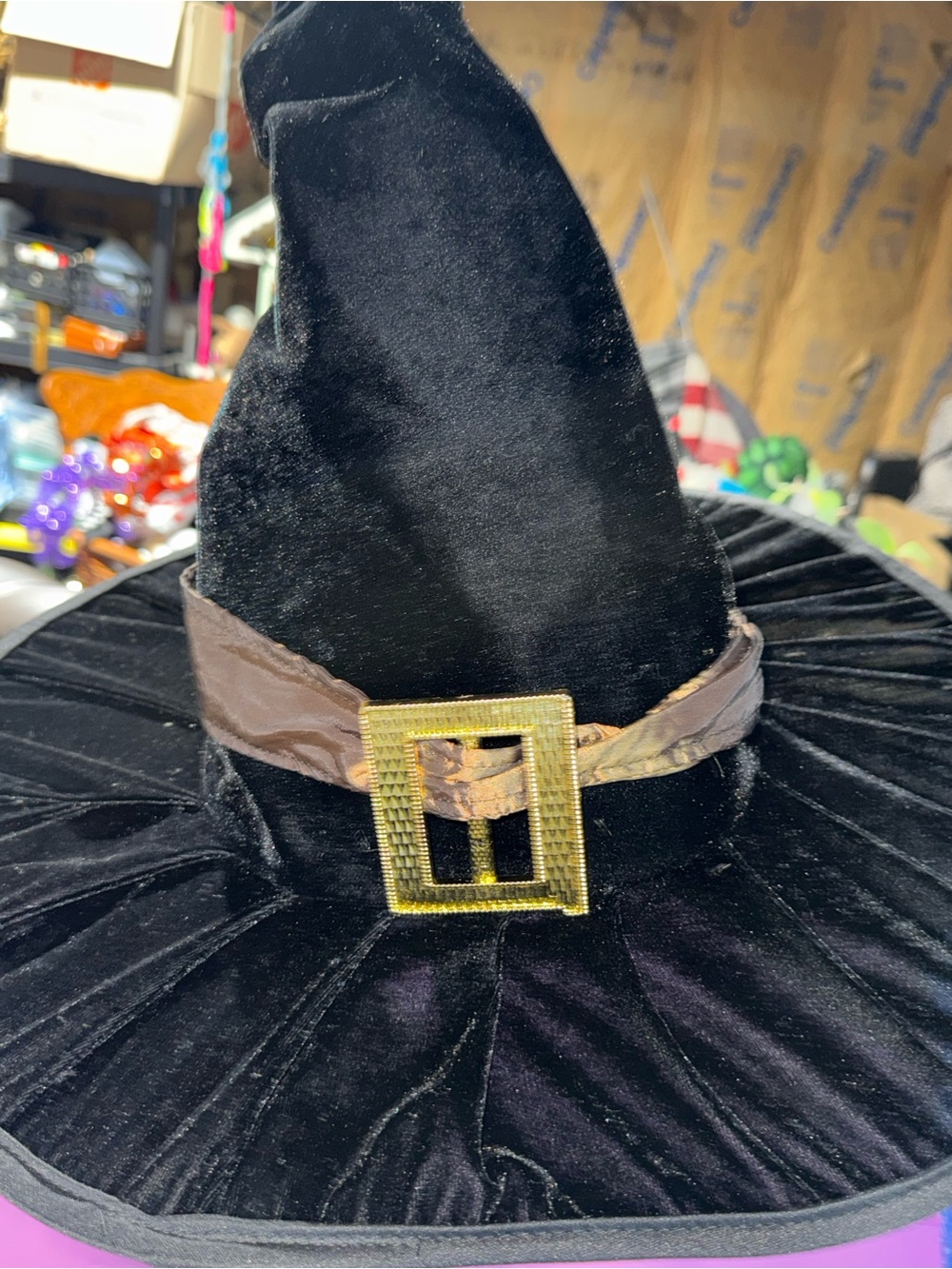 Black Velvet Witch Hat Wide Brim Gold Tone Buckle One Size Halloween